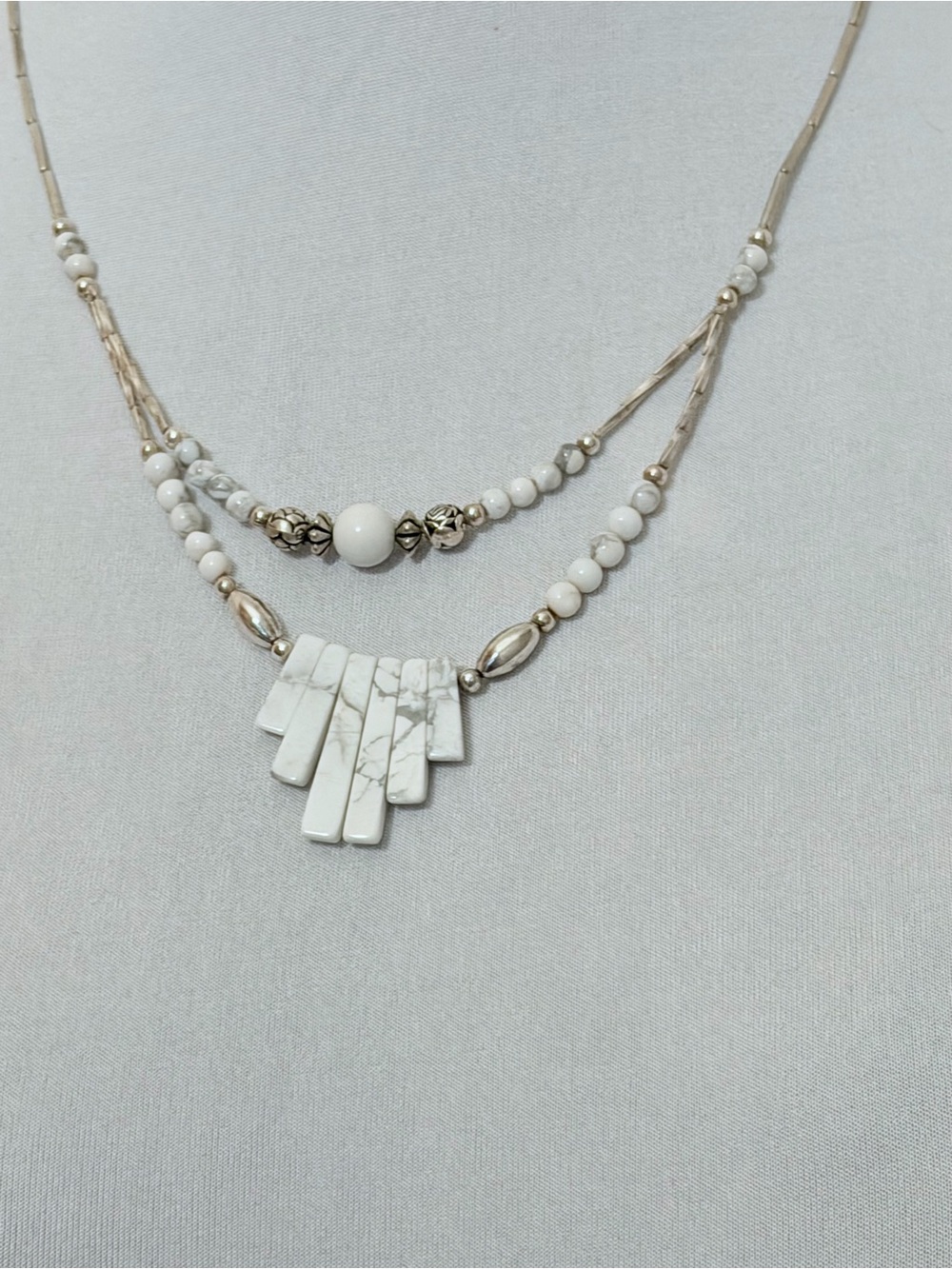 White Marble Pendant Layered Necklace with Silver Accents